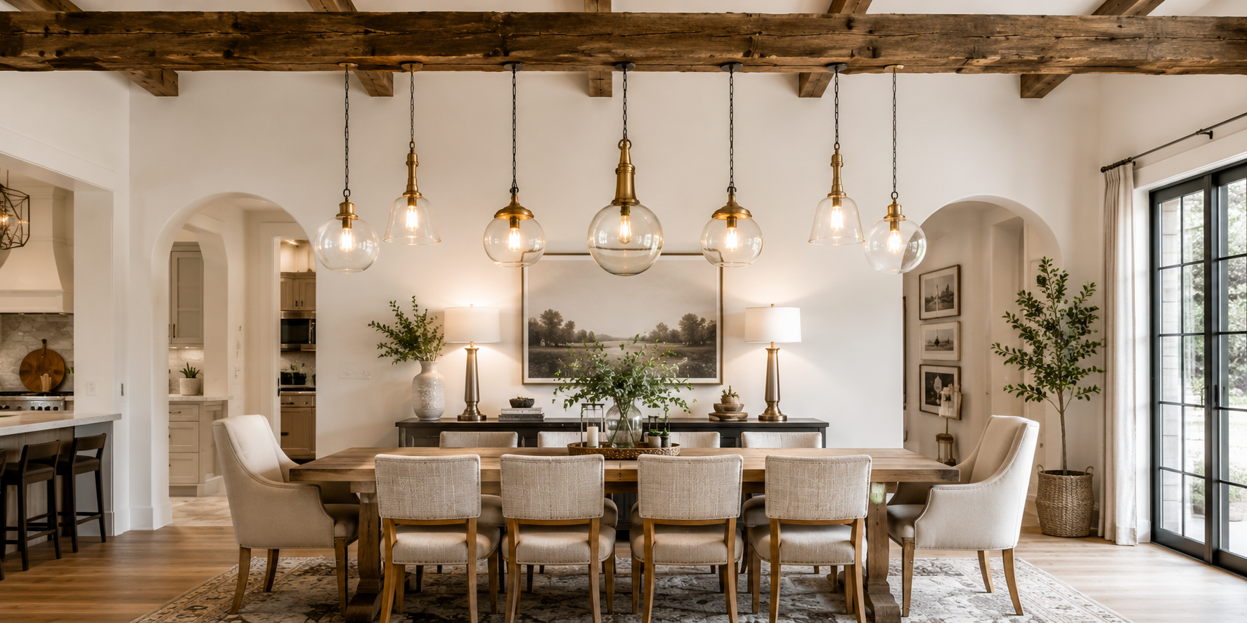Dining area with pendant lights hung from a wooden beam, a mix of glass and brass fixtures, cozy modern decor.