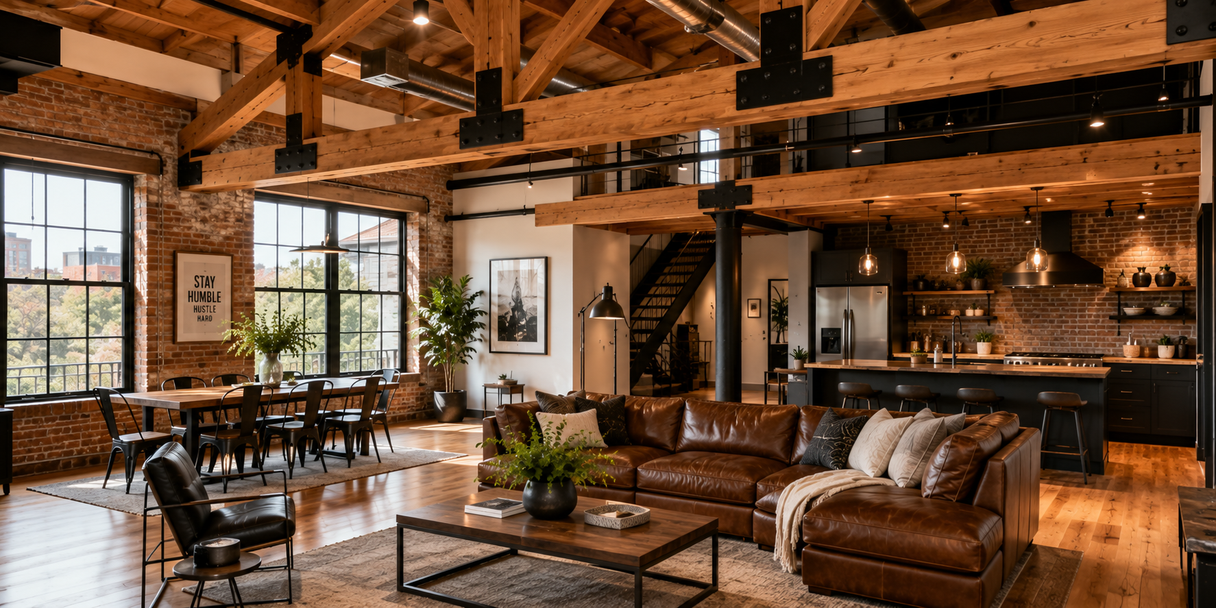Exposed wooden beam accented with black metal brackets, industrial loft interior with brick walls and warm lighting.