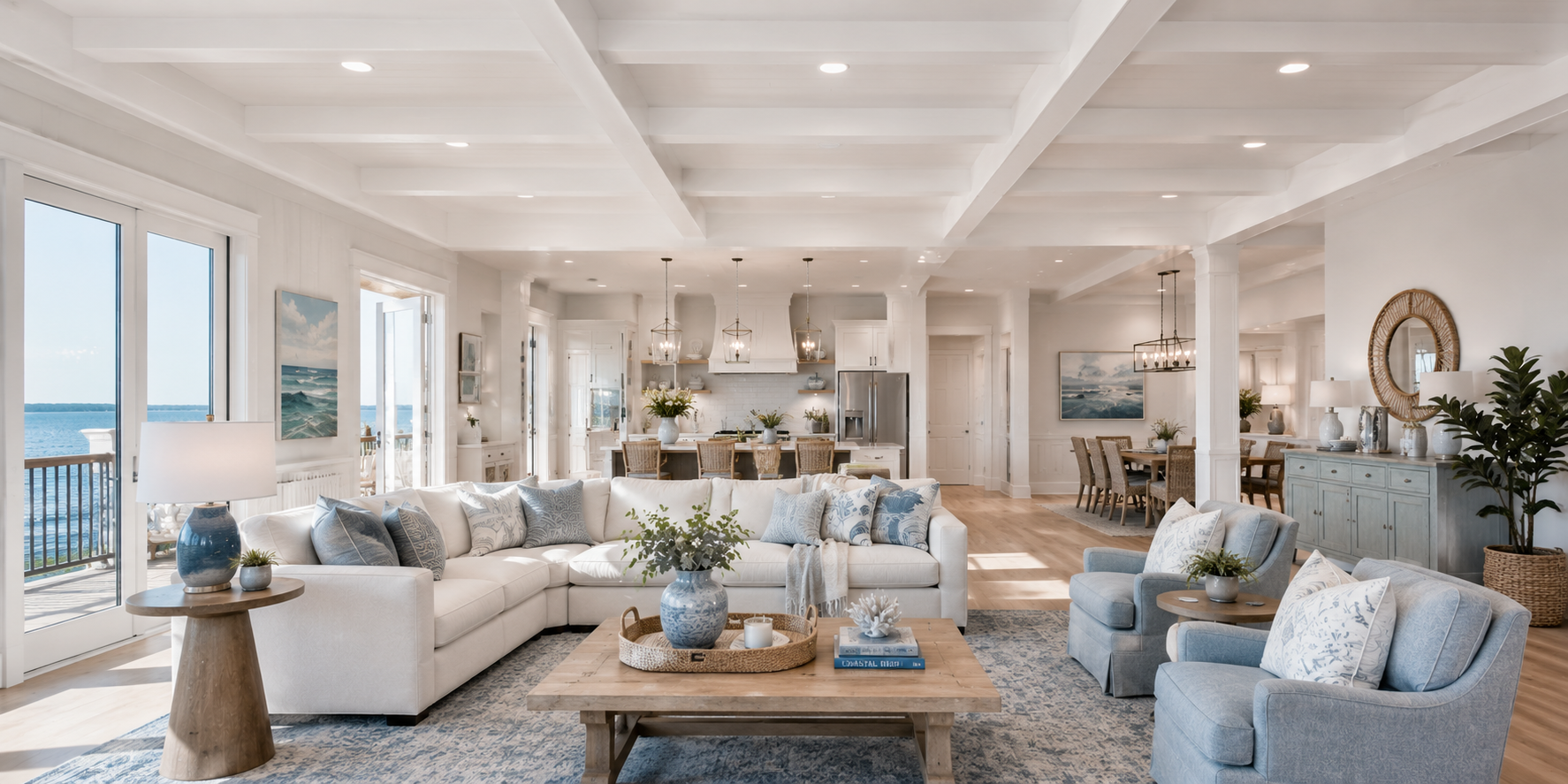 White-painted beams blending seamlessly with white ceiling, coastal-inspired living room with soft blue accents.