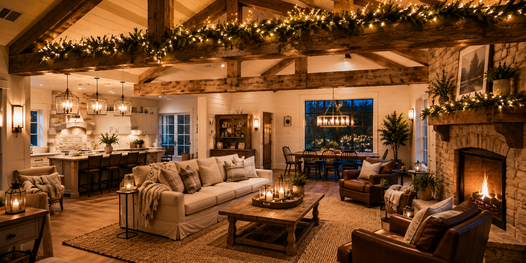 Rustic home interior with garland and twinkle lights draped over an exposed beam, warm evening glow.