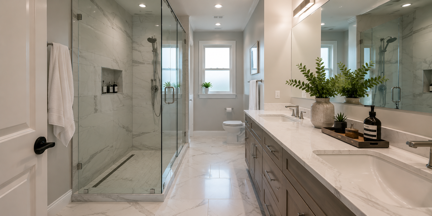 Galley bathroom with layered lighting setup—recessed ceiling lights, LED vanity strips, under-sink glow, warm modern ambience.