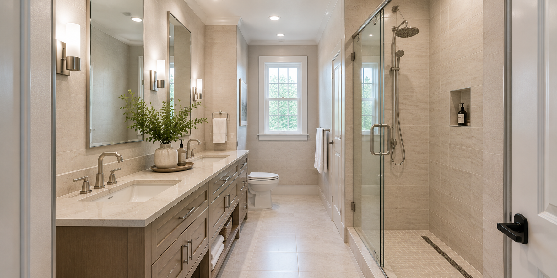 Neutral galley bathroom with consistent materials—light stone walls, brushed nickel fixtures, matching countertop, cohesive elegant look.