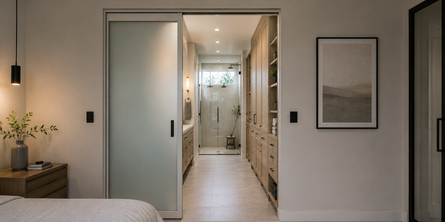 Galley bathroom entrance with pocket sliding door, frosted glass panel, modern trimless design emphasizing open flow.