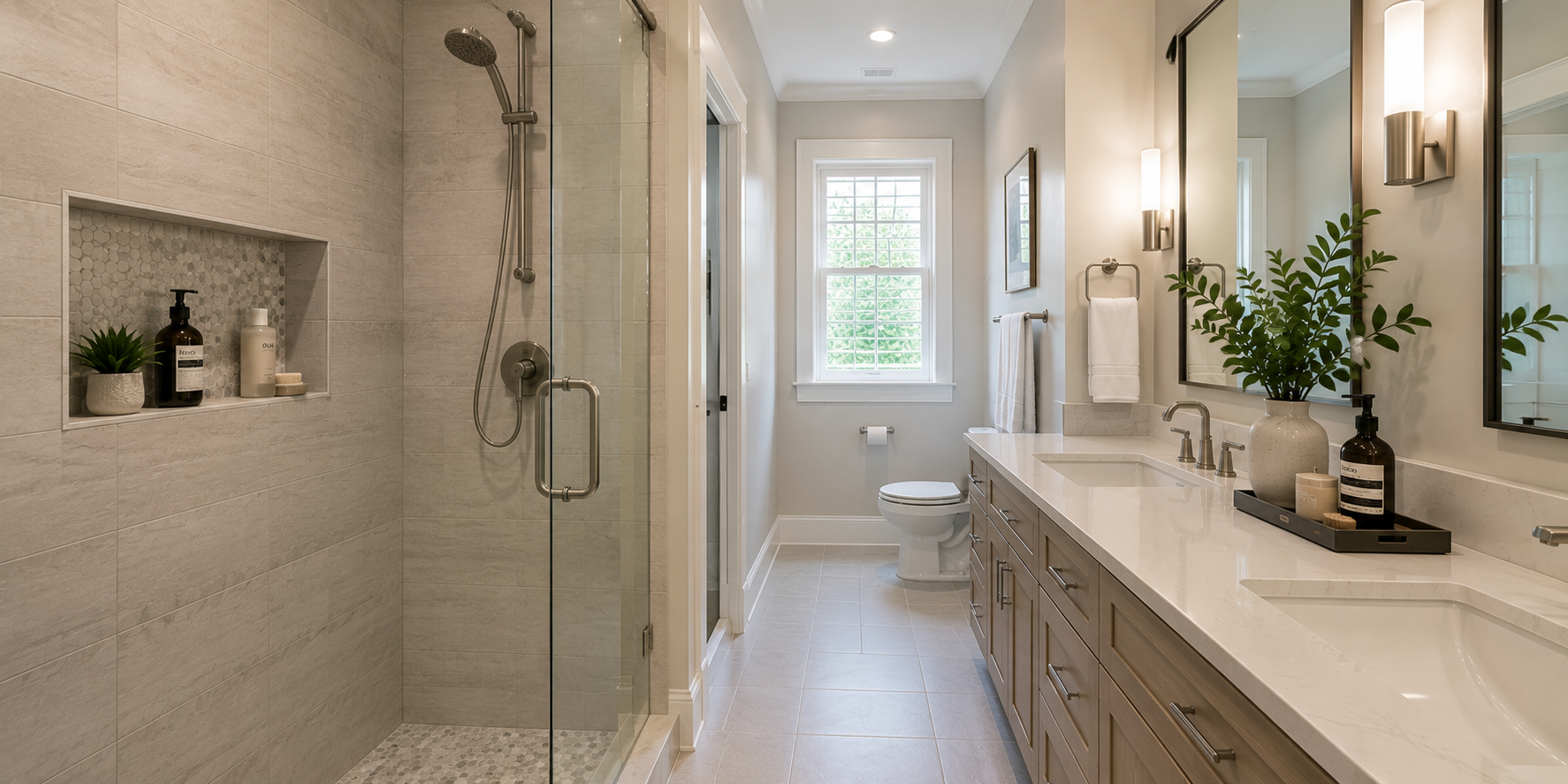 Shower wall with recessed niche lined in accent tile, holding bath essentials neatly in a modern galley bathroom.