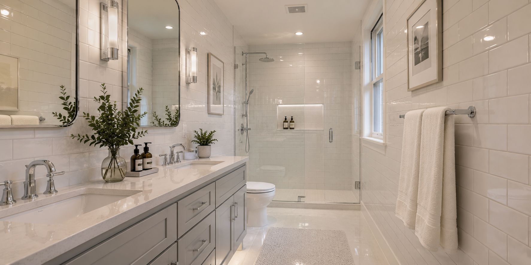 Galley bathroom with glossy subway tiles, chrome fixtures, and soft reflected lighting creating a luminous, spacious effect.