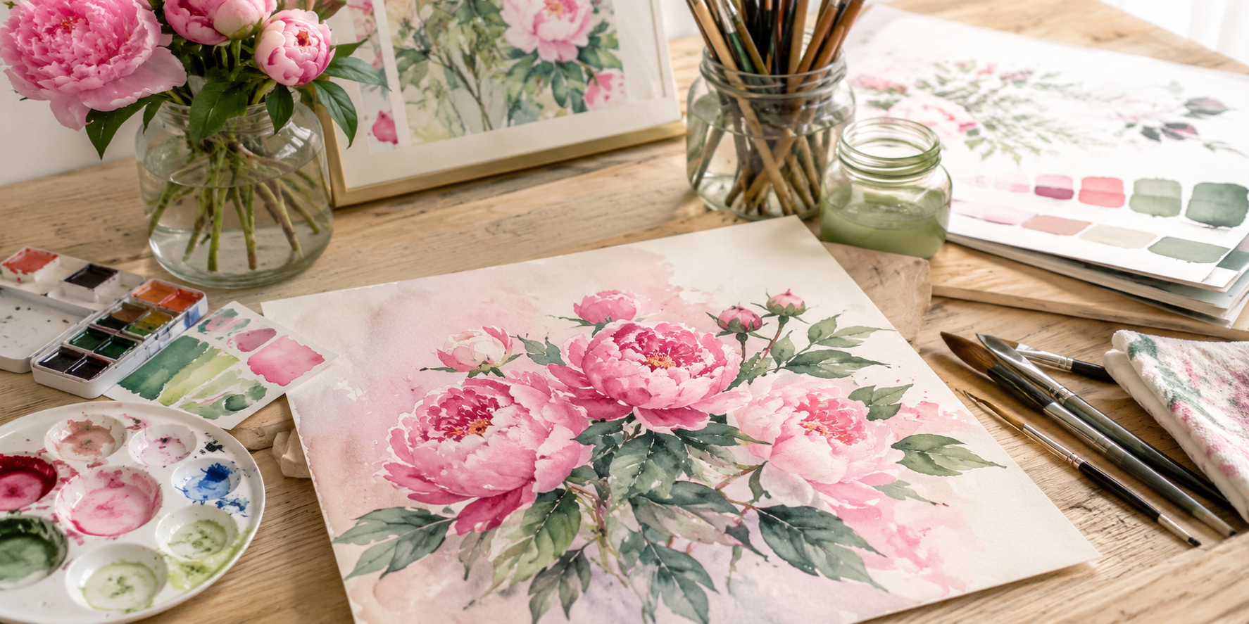 Watercolor floral painting featuring pink peonies, soft background gradients, delicate brush textures, natural daylight tone, modern botanical art style.
