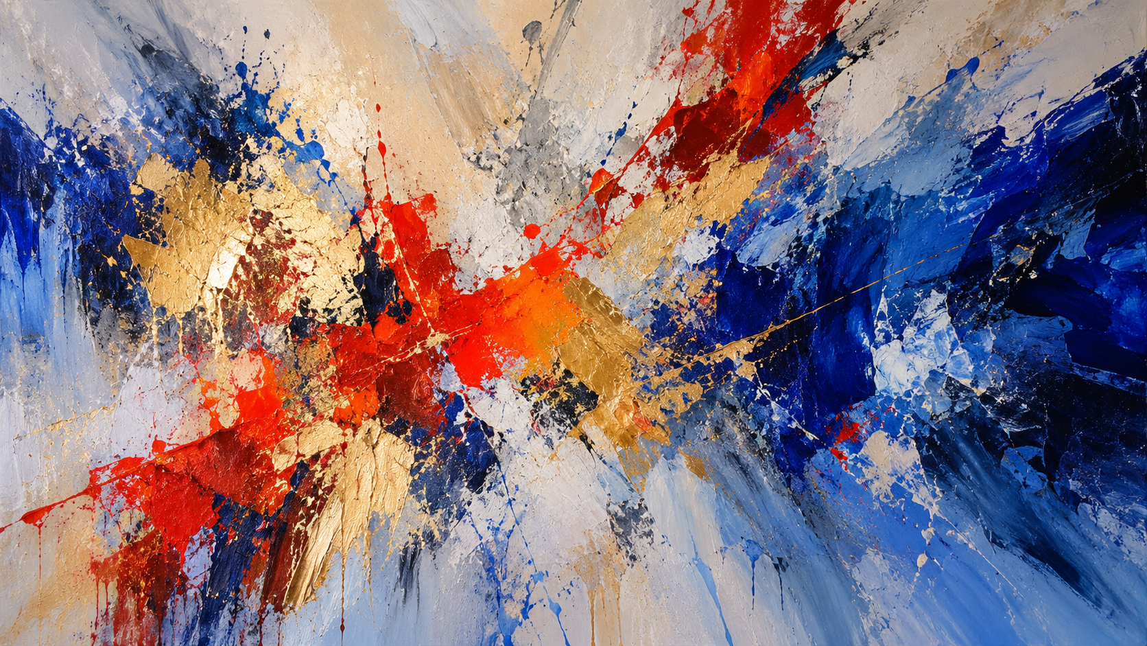 Expressive abstract painting with splashes of blue, red, and gold, thick acrylic texture, bold brushstrokes, modern art composition, studio lighting.