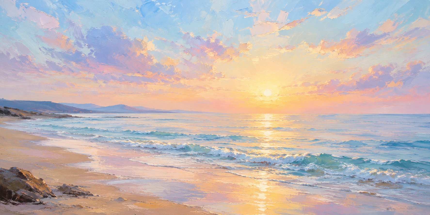 Serene seascape painting with waves rolling to shore, pastel sky, golden light reflections, acrylic impressionist style, peaceful mood.
