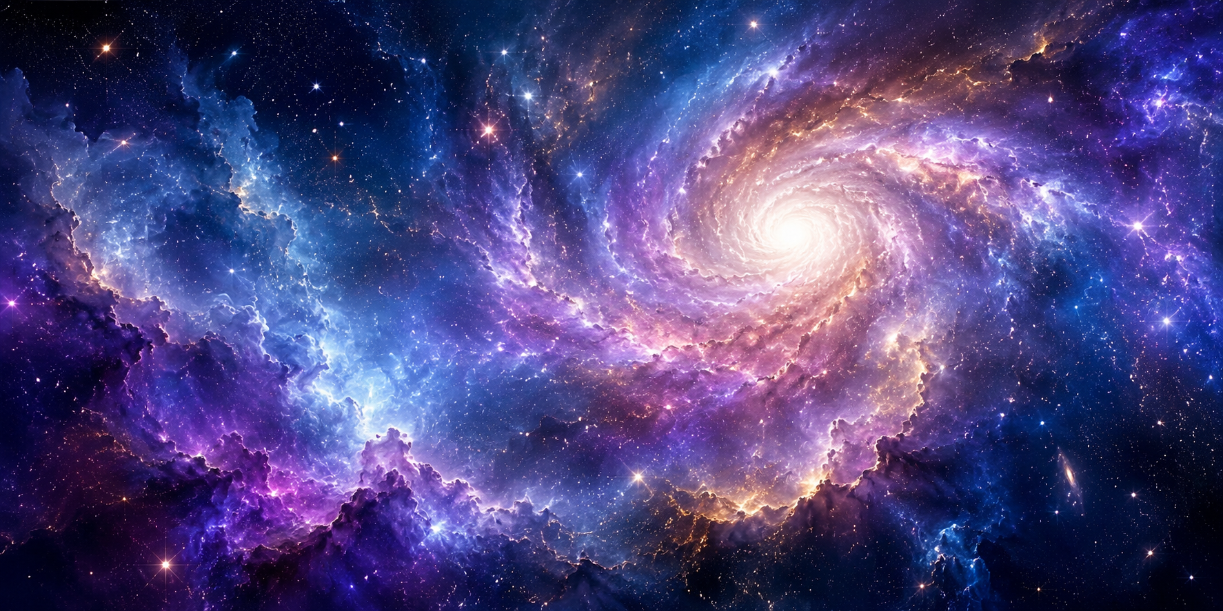 Galaxy painting with deep blue and violet nebula clouds, shimmering stars, glowing light effects, metallic pigments, and ethereal mood.