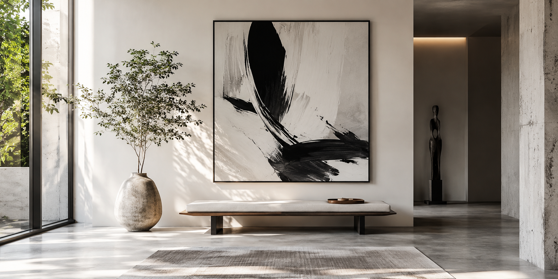 Monochrome abstract painting in black, white, and gray, clean brush lines, balanced negative space, minimalist wall art aesthetic.