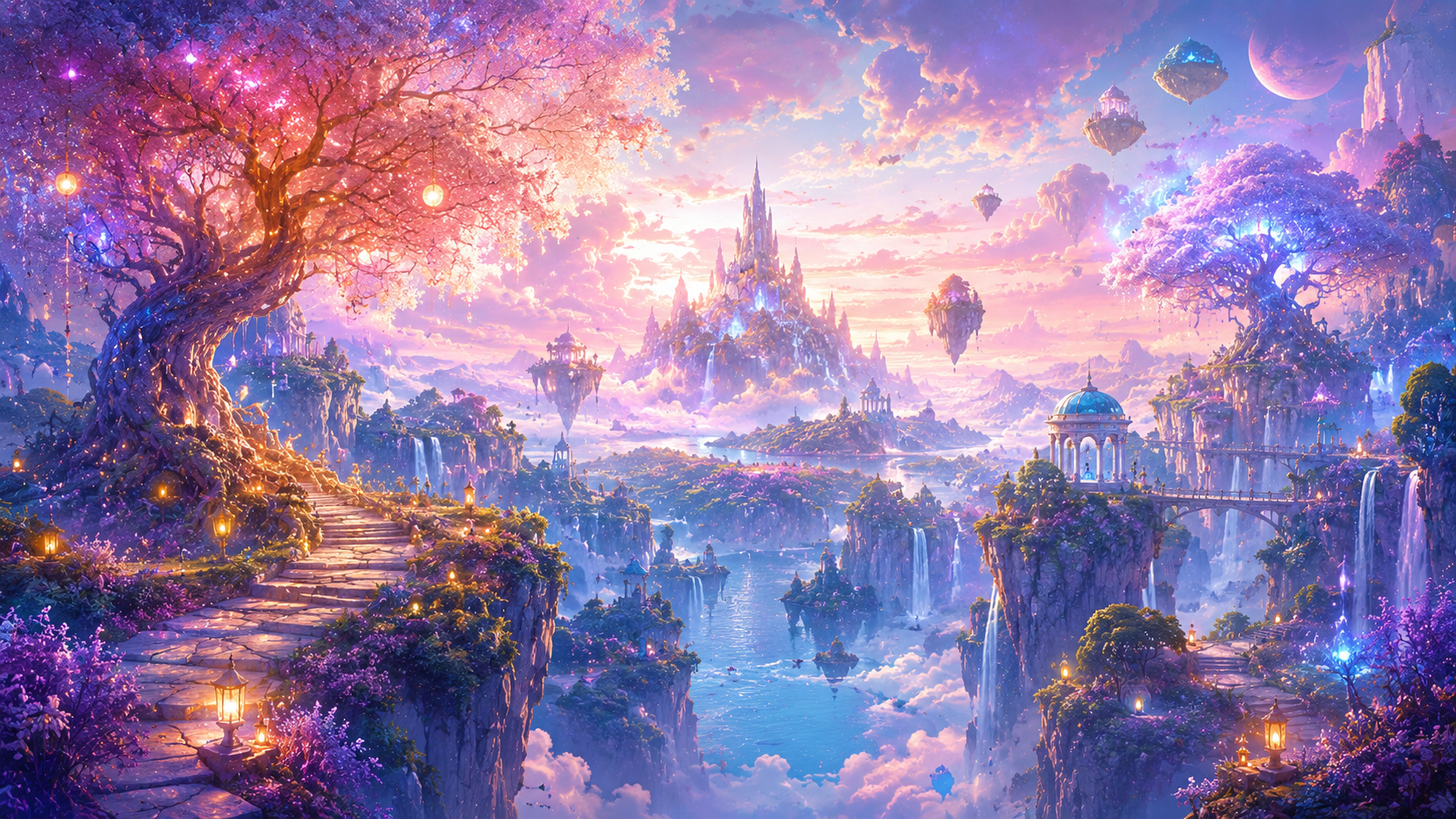 Dreamlike fantasy landscape with glowing trees and pastel skies, soft surreal colors, floating elements, and whimsical atmosphere.