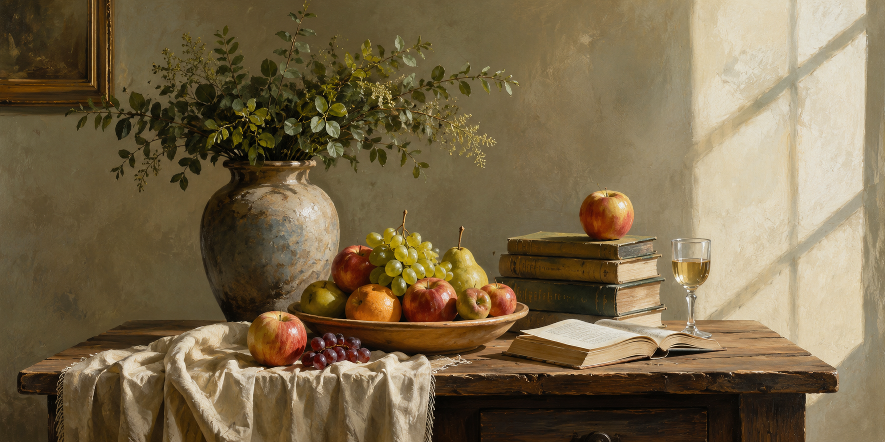 Still life painting with fruit, vase, and books on a wooden table under soft natural light, oil paint realism style.