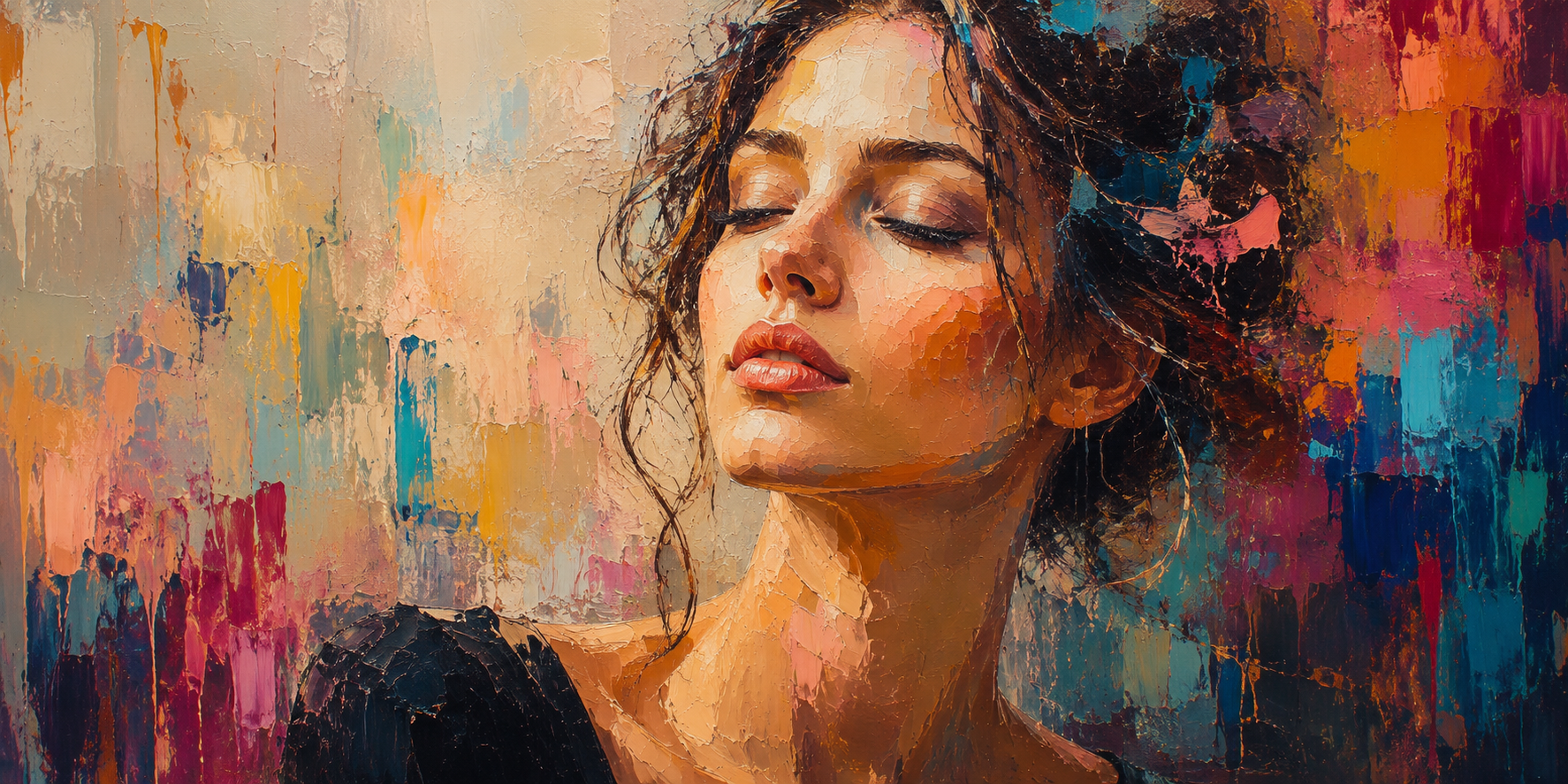Expressive portrait painting of a woman with colorful brushstrokes,