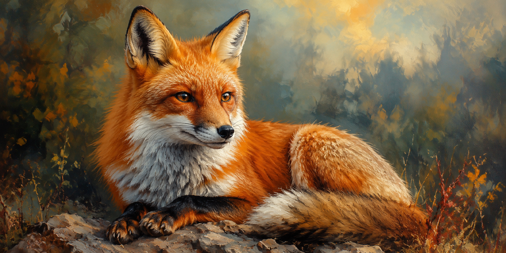 Animal painting of a fox with vivid fur, expressive eyes, detailed texture, soft background, oil realism style.