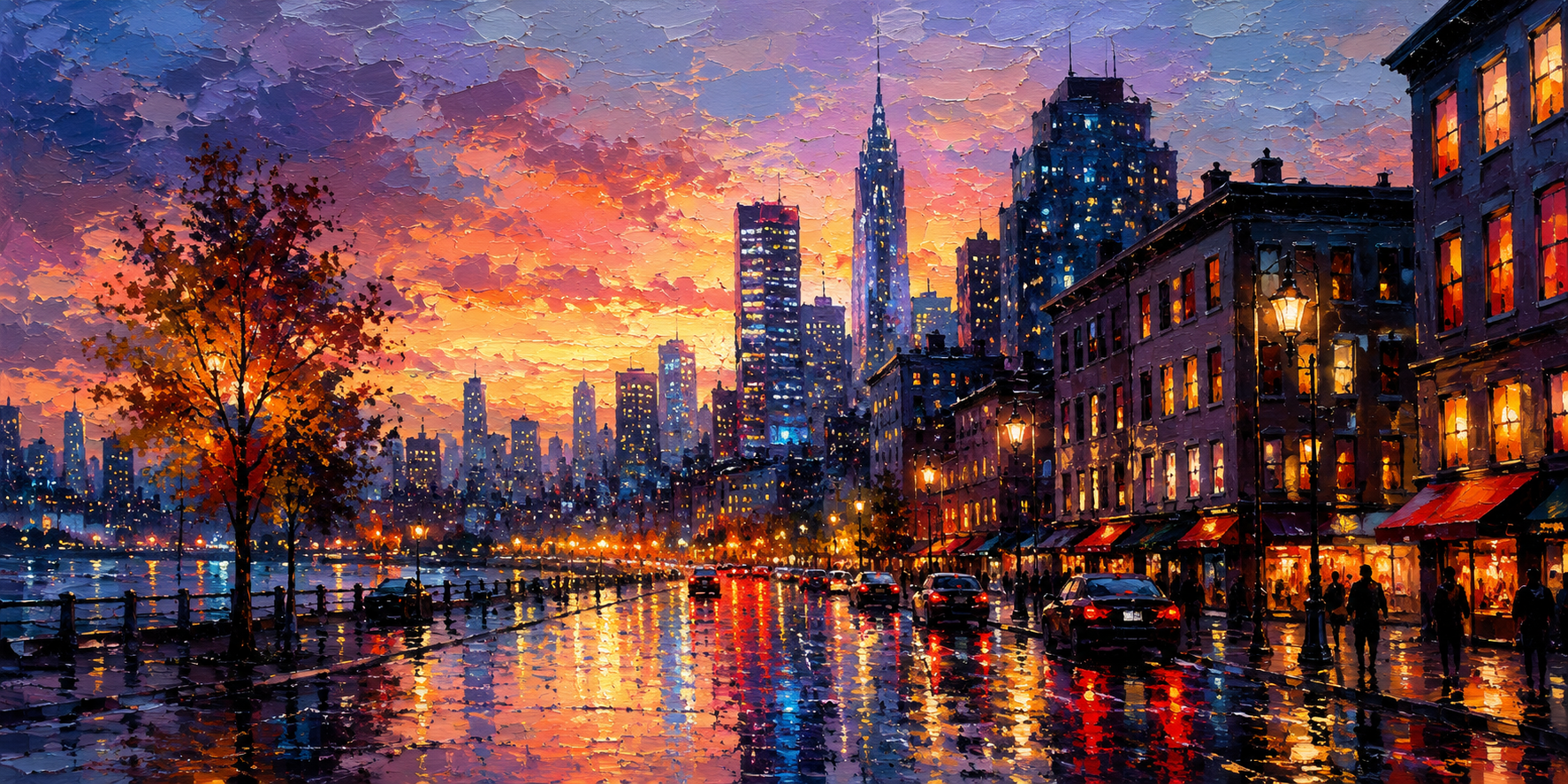 Cityscape painting at dusk with glowing windows, wet reflections, acrylic brush texture,