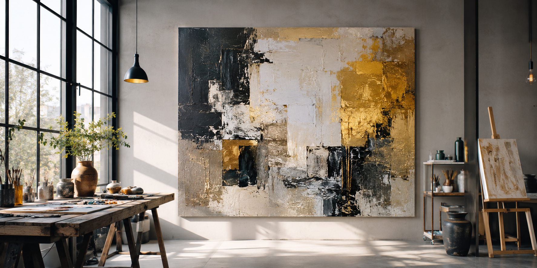 Mixed media painting with layered textures, gold leaf, and acrylic highlights, rich tactile surface, contemporary art style.