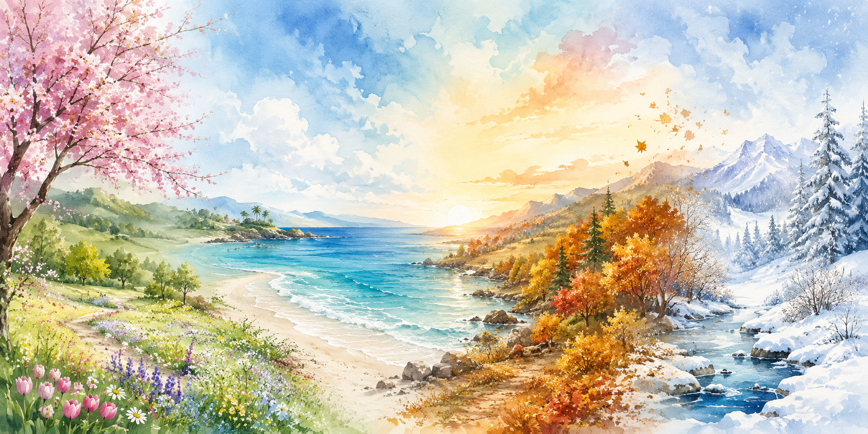Four seasonal landscapes—spring blooms, summer beach, autumn forest, and snowy winter scene—in watercolor harmony.