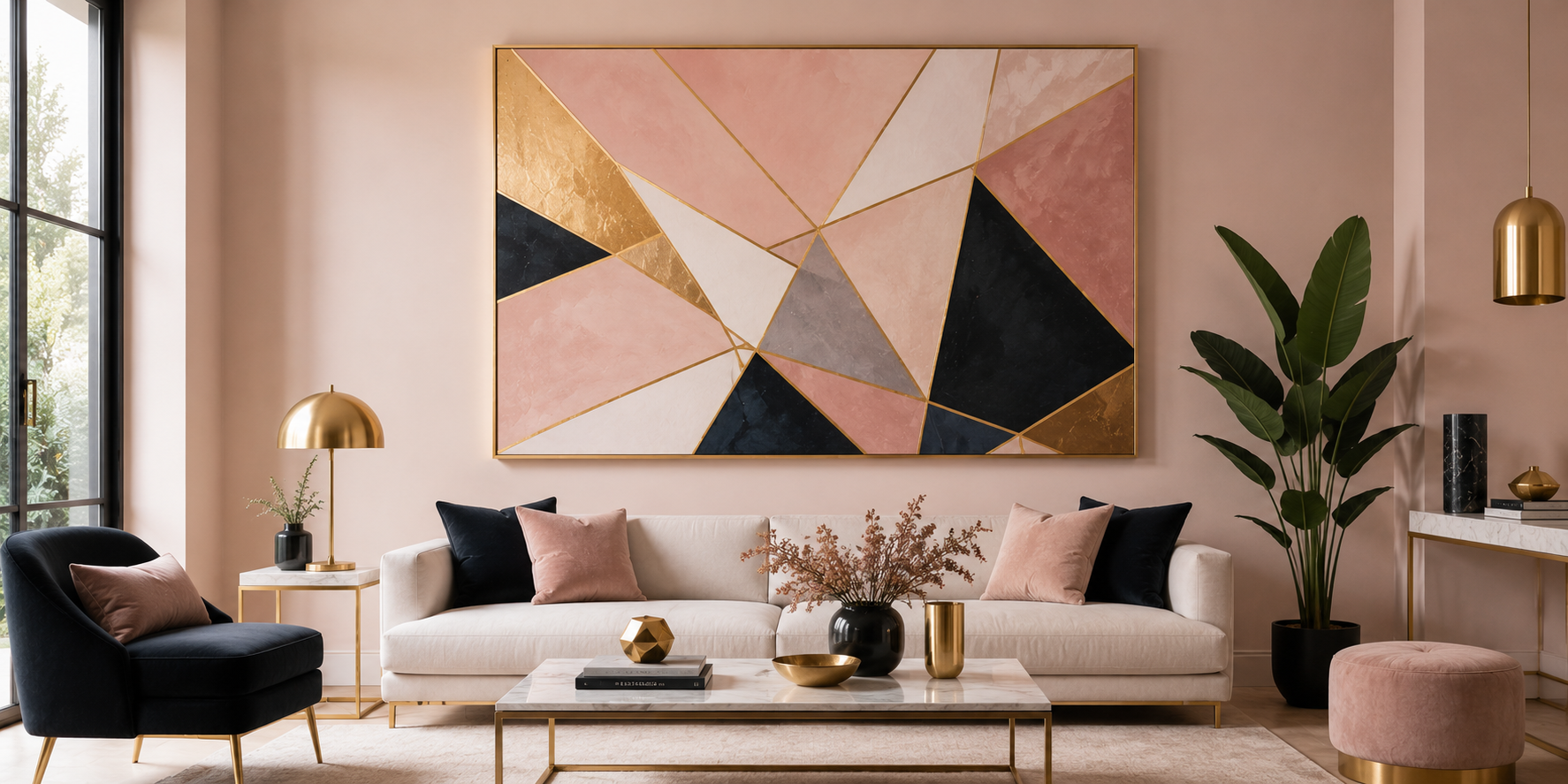 Geometric abstract painting with gold outlines, sharp triangles, soft blush background, modern interior aesthetic.