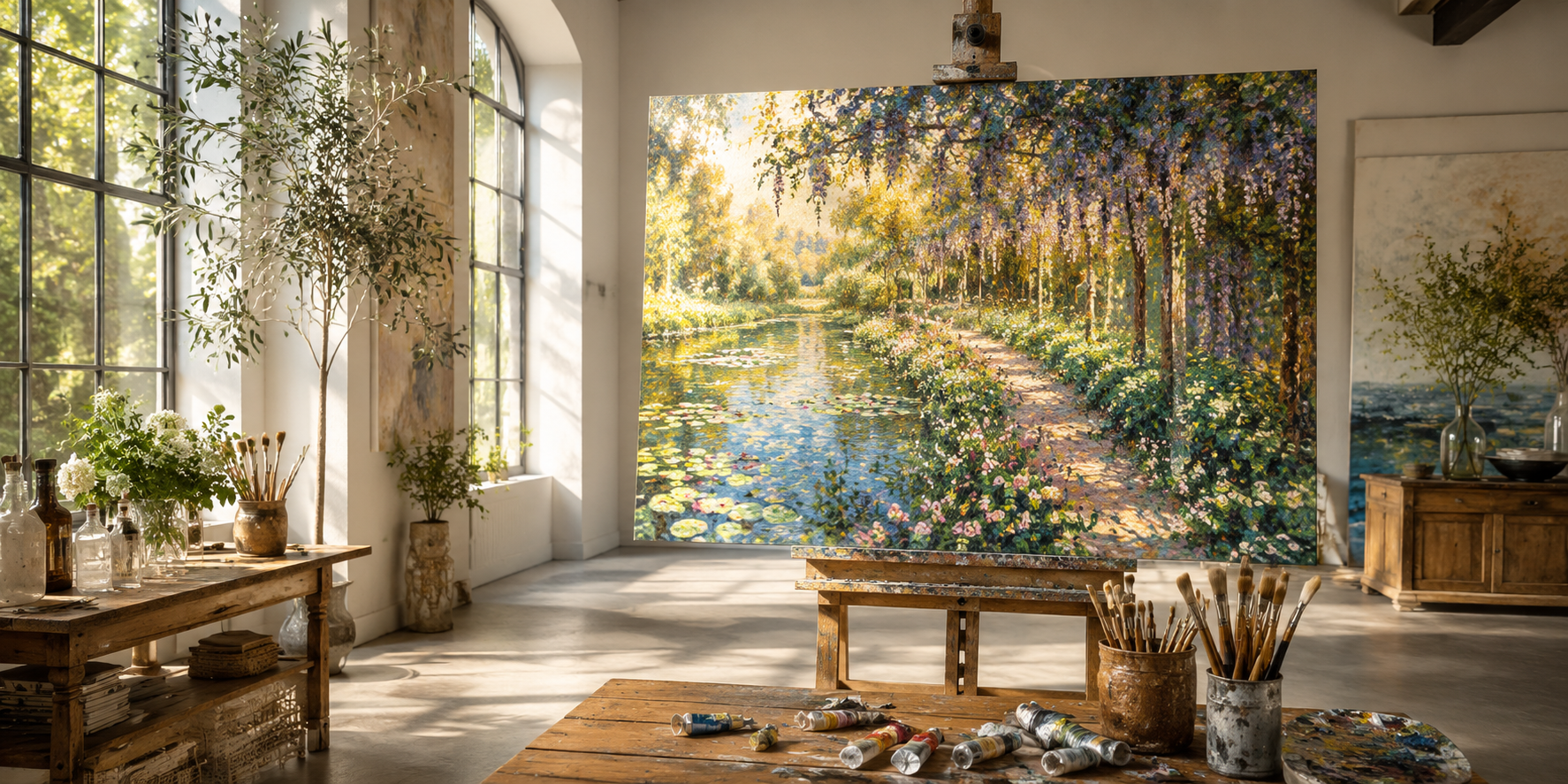 Impressionist garden painting with golden light, visible brush textures, lively color palette inspired by Monet.