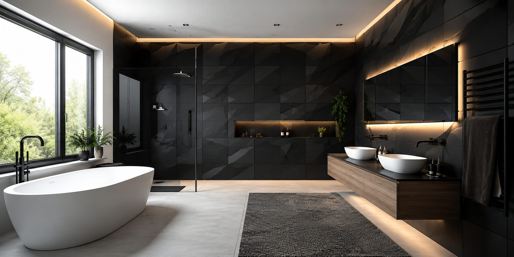 Bathroom with matte black geometric 3D panels, accent lighting, minimalist fixtures, and soft diffused glow highlighting texture.