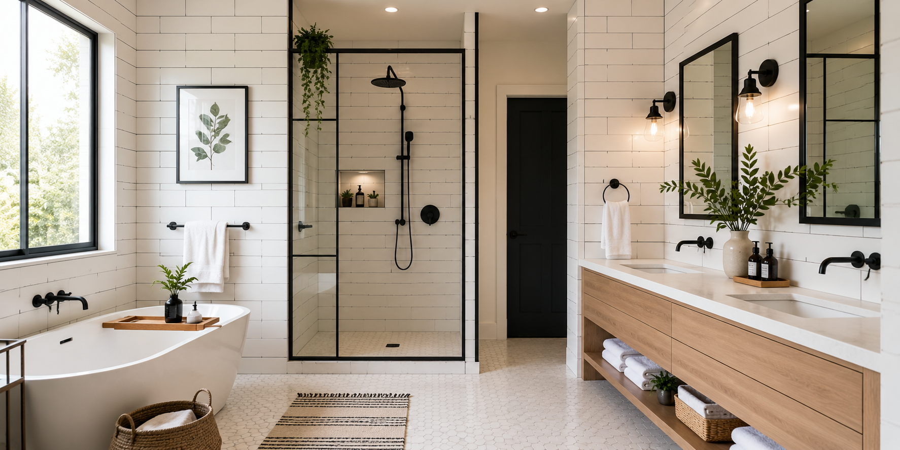 Modern bathroom with white subway tile-effect panels, black trim details, and clean minimalist décor.