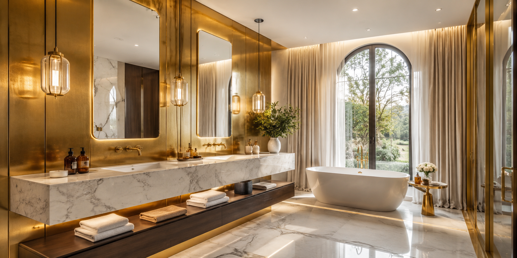 Elegant bathroom with brushed gold metallic panels behind mirror, marble vanity, pendant lighting, and warm reflective glow.