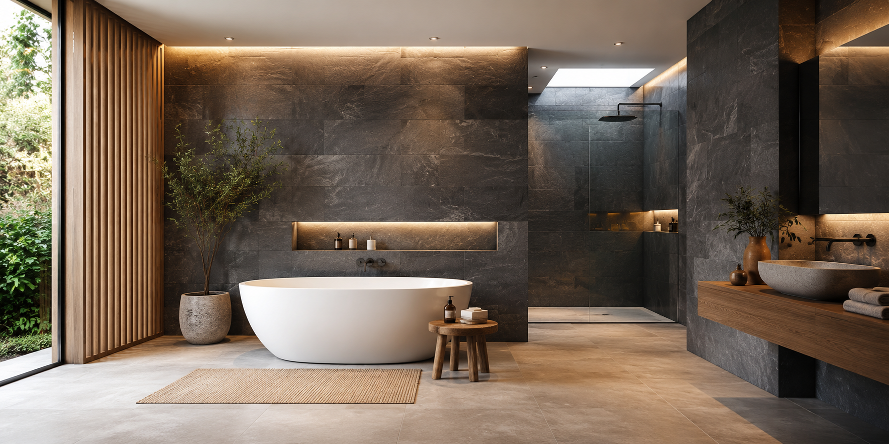 Spa-style bathroom with slate-look panels, wooden stool, ambient light, and freestanding white tub, tranquil natural design.