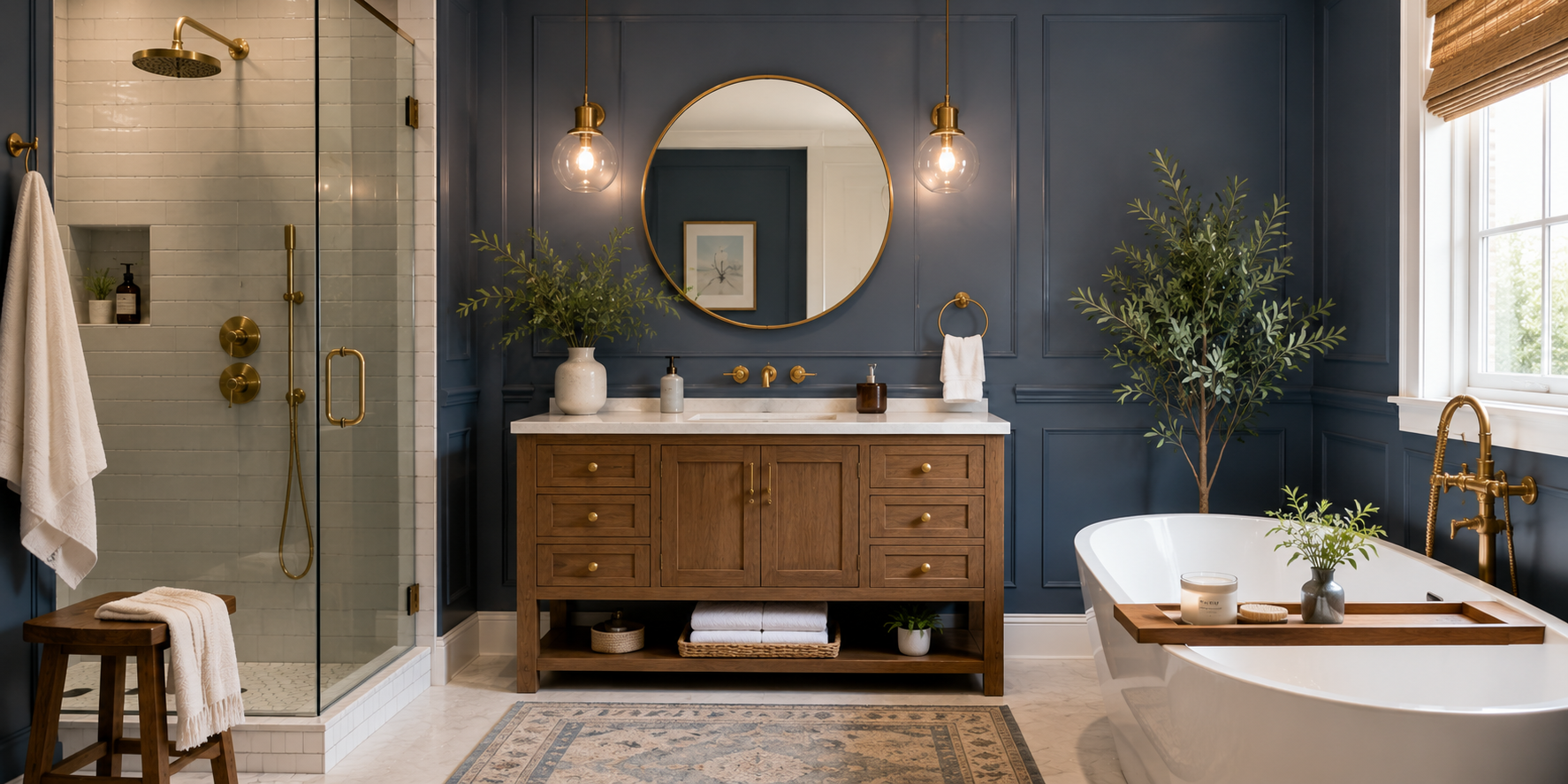 Bathroom with painted blue wall panels, brass hardware, round mirror, and soft pendant lighting for cozy modern charm.