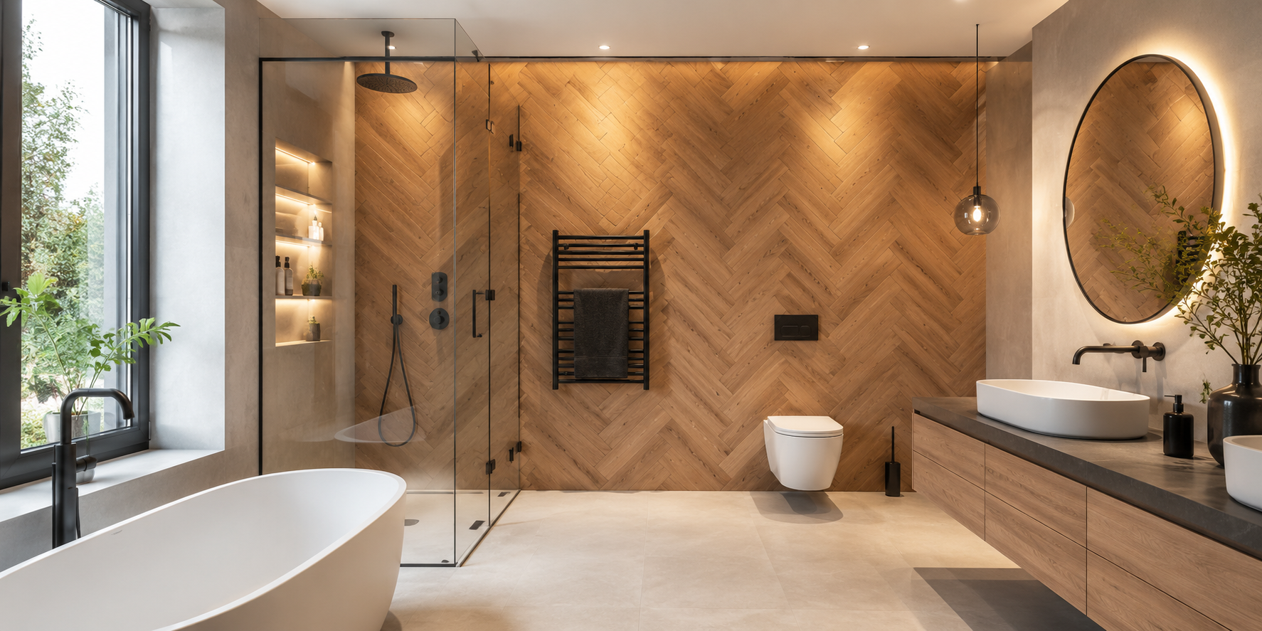 Bathroom with herringbone oak wall panels, matte fixtures, and accent lighting that highlights a diagonal pattern.