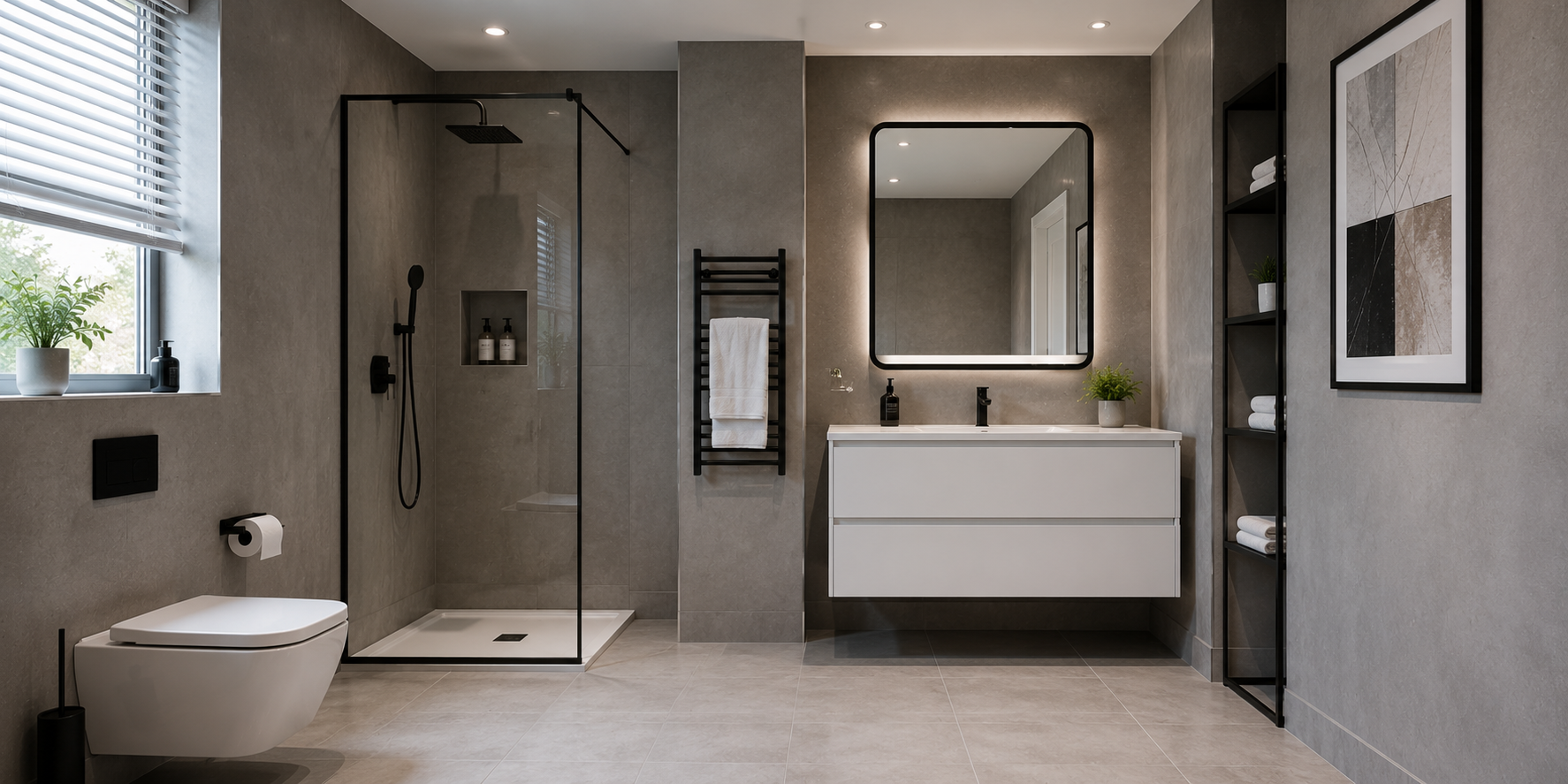 Bathroom with matte gray laminate wall panels, white floating vanity, and black framed mirror, clean modern design.