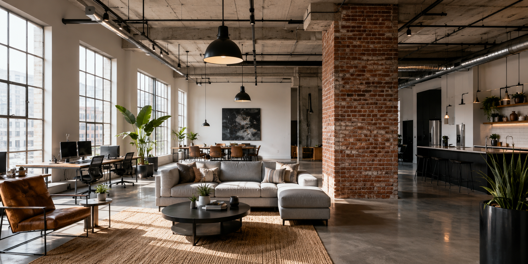 Urban loft with exposed brick column, concrete flooring, and industrial pendant lighting.