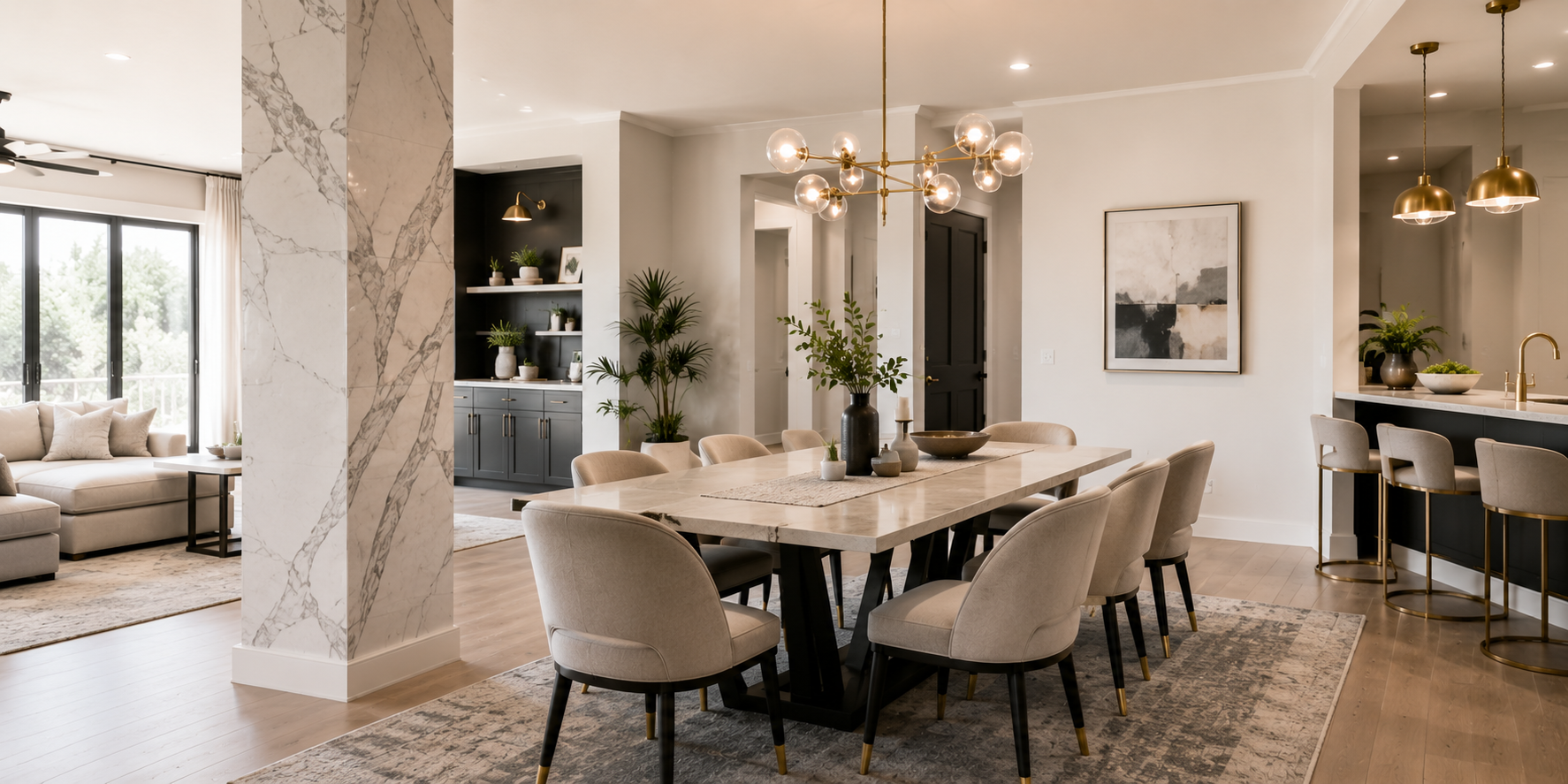 Contemporary dining area with faux marble-wrapped column, gold lighting fixtures, and neutral color palette.