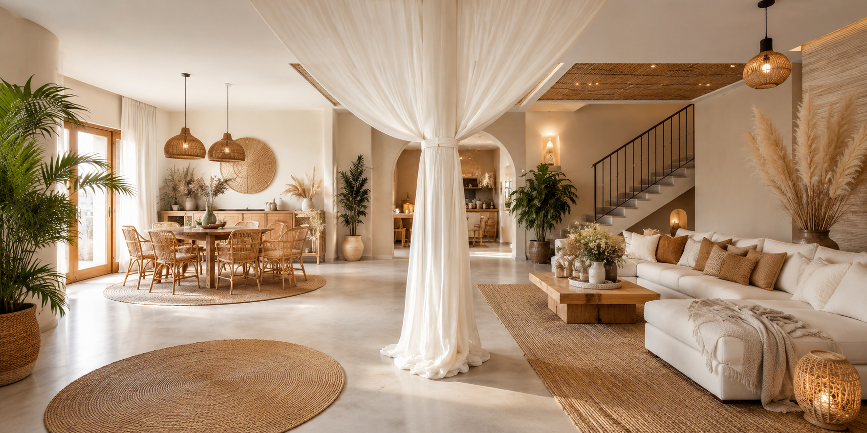 Boho-style living room with a column wrapped in flowing white fabric, rattan furniture, and warm lighting.