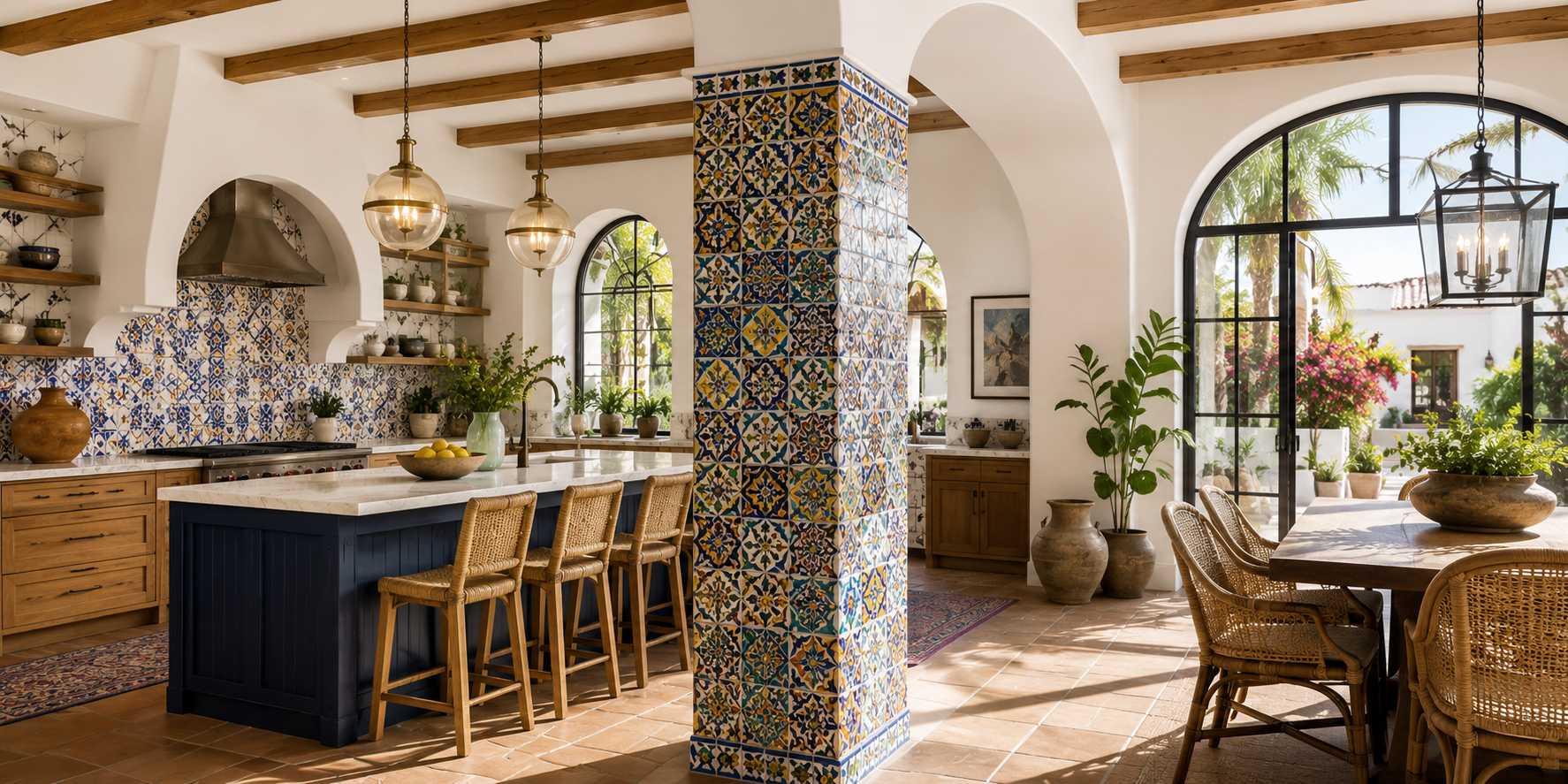 Mediterranean-style kitchen with mosaic-tiled column, colorful patterns, and natural light.
