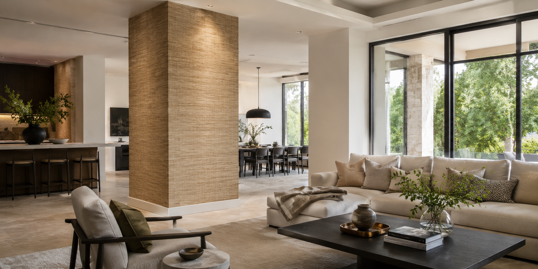 Interior column wrapped in grasscloth wallpaper, surrounded by modern furniture and natural lighting.