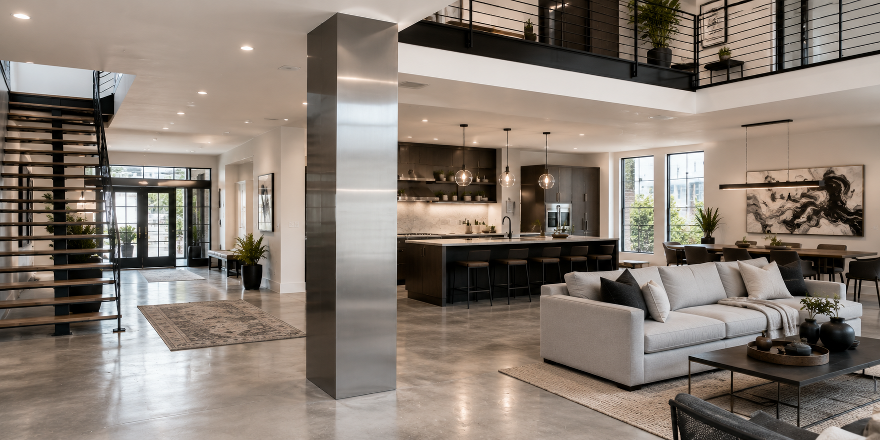 Modern interior with brushed metal column, concrete floors, and contemporary furnishings.