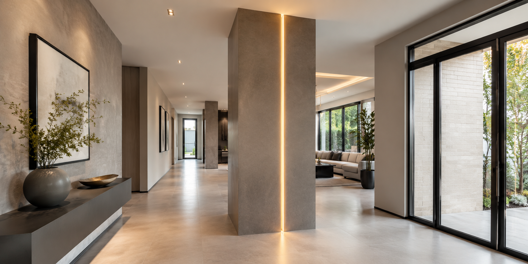 Modern hallway with column featuring vertical LED lighting strip, sleek minimal decor.