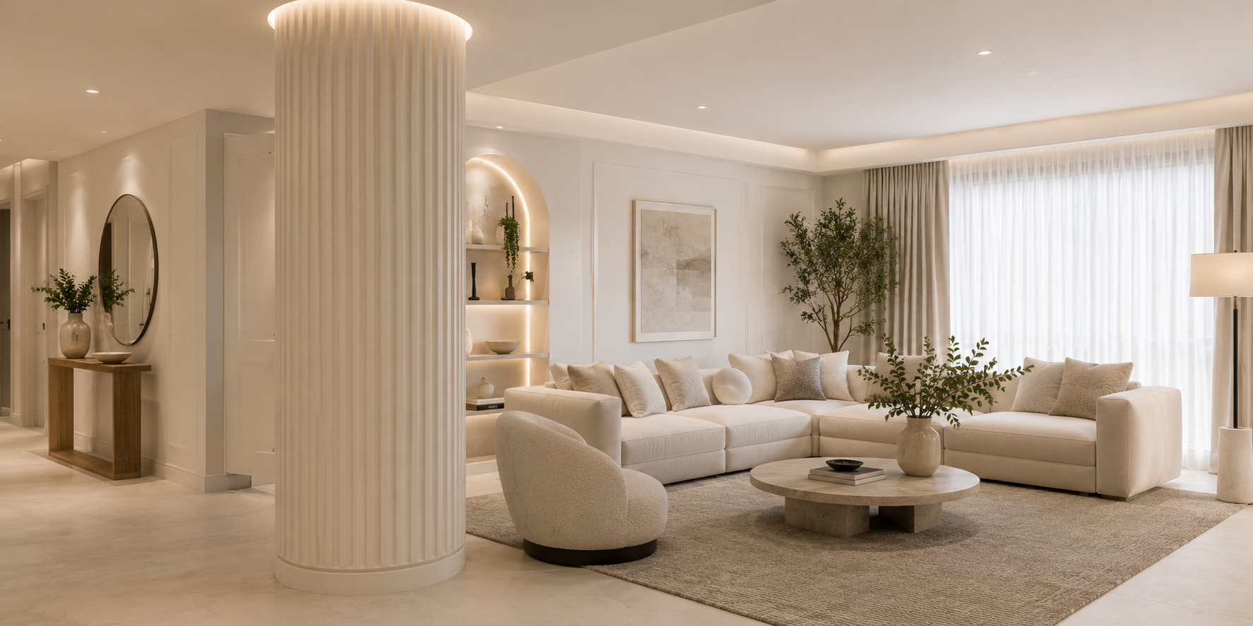 Neutral-toned living room with fluted column in off-white finish, minimal decor, soft ambient lighting.
