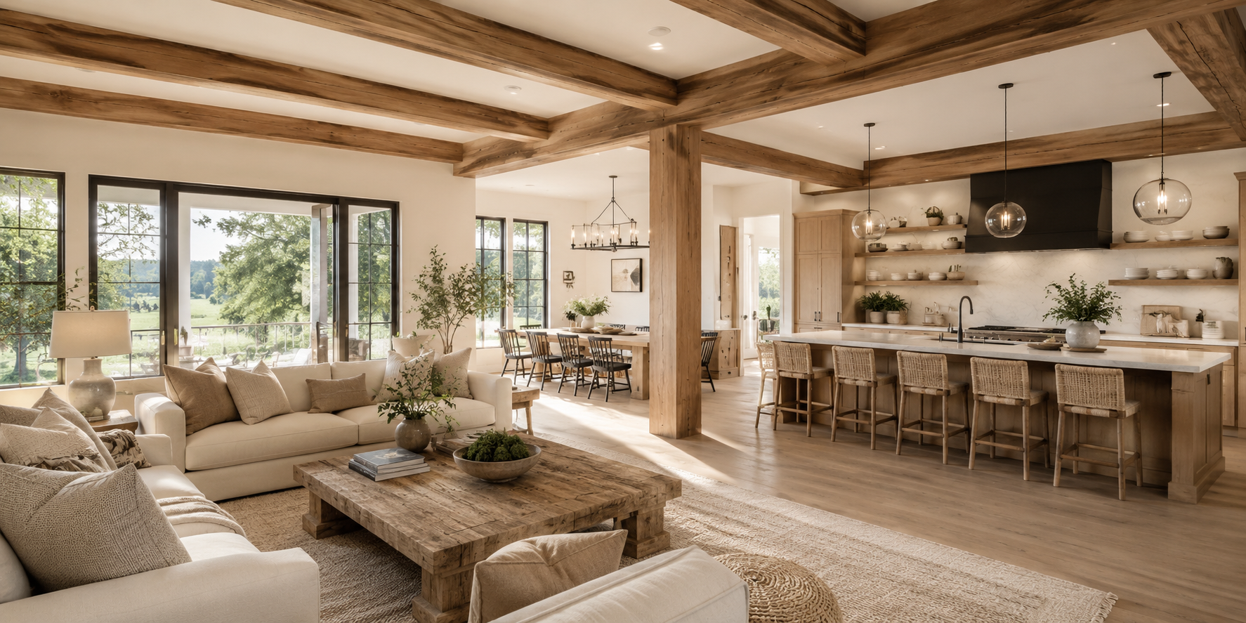 Farmhouse-inspired open space with wood beams extending into matching column cover, cozy neutral tones.