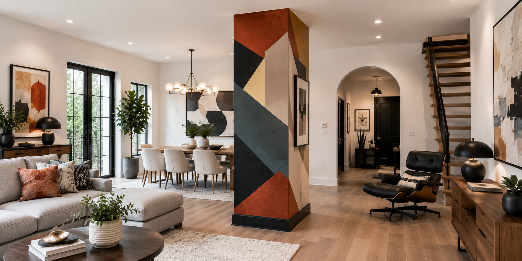 Modern living room with artistic painted column featuring geometric color blocks and contemporary art decor.