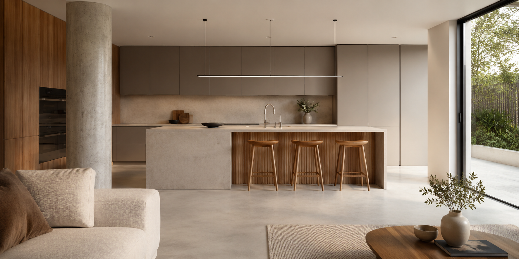 Minimalist kitchen with concrete-finished column, matte cabinetry, and neutral palette.
