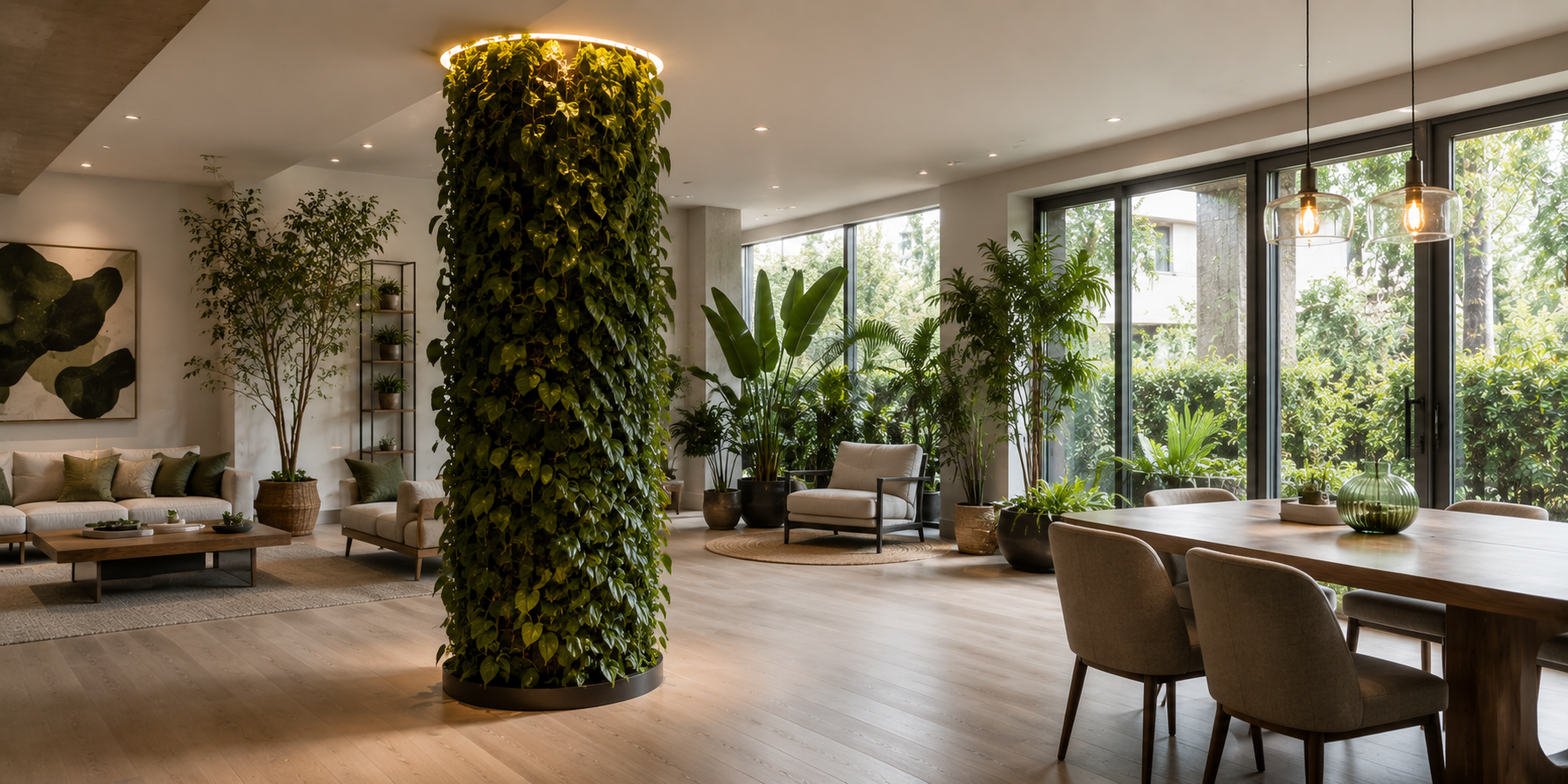 Indoor space with a column covered in green plants, natural light filtering through large windows.