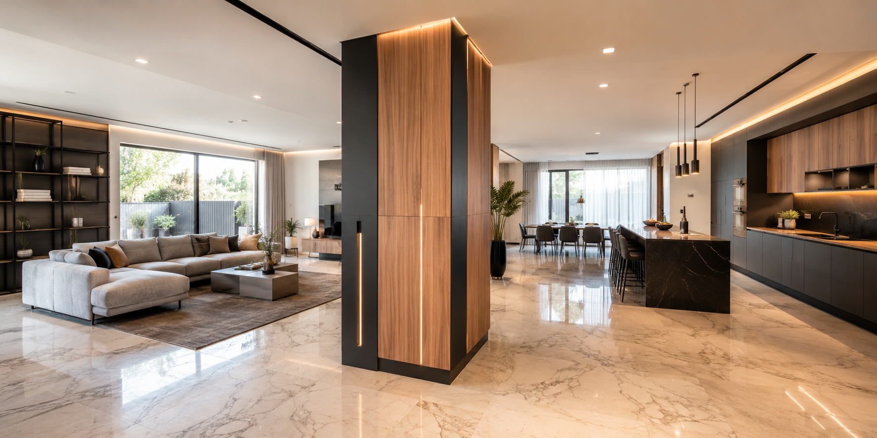 Open-concept interior with mixed-material column (wood and metal), marble floor, and modern furnishings.