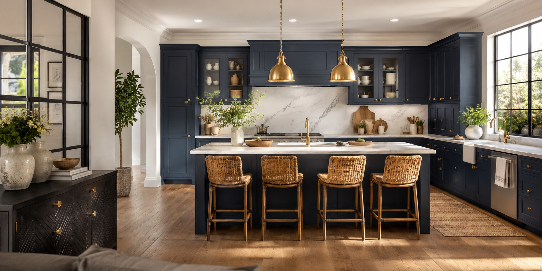 Navy kitchen cabinetry with brushed brass knobs and marble backsplash, sunlight reflecting softly on gold tones.
