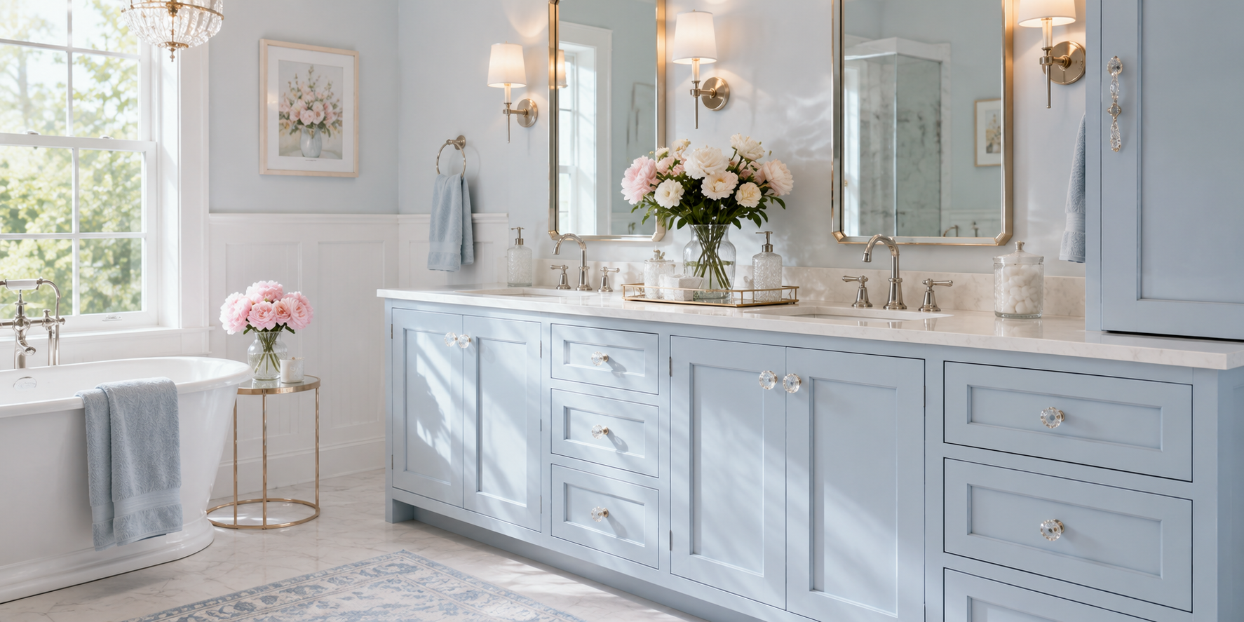 Bathroom vanity with pastel blue cabinets, crystal knobs catching morning light, elegant, feminine decor.