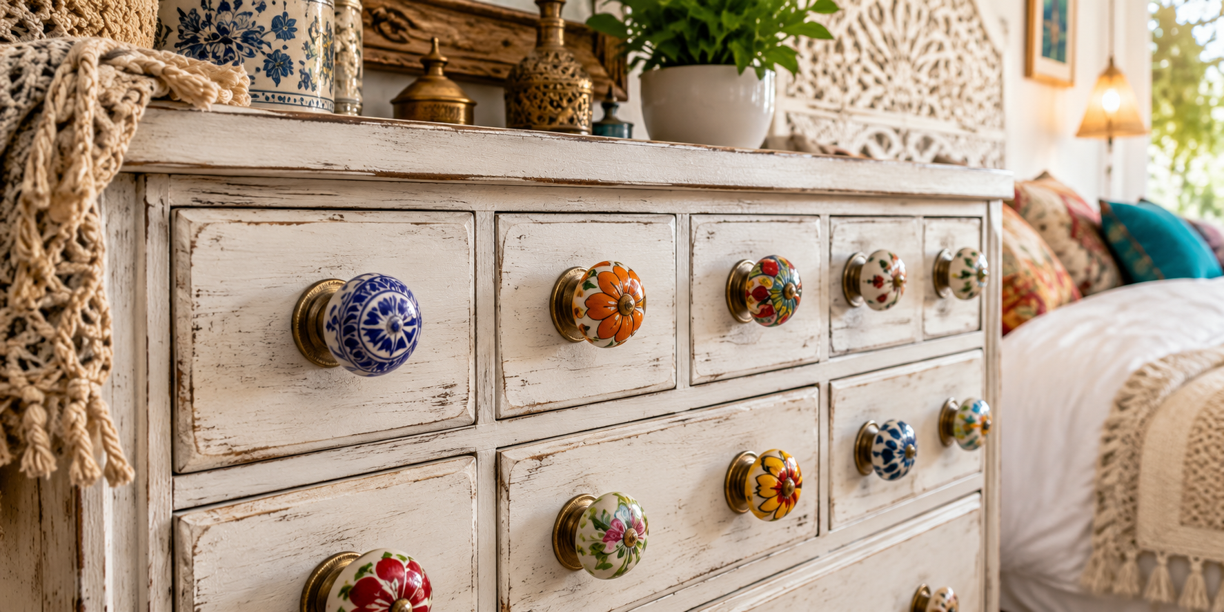 Close-up of colorful hand-painted ceramic knobs on rustic white dresser, cozy boho-style bedroom.