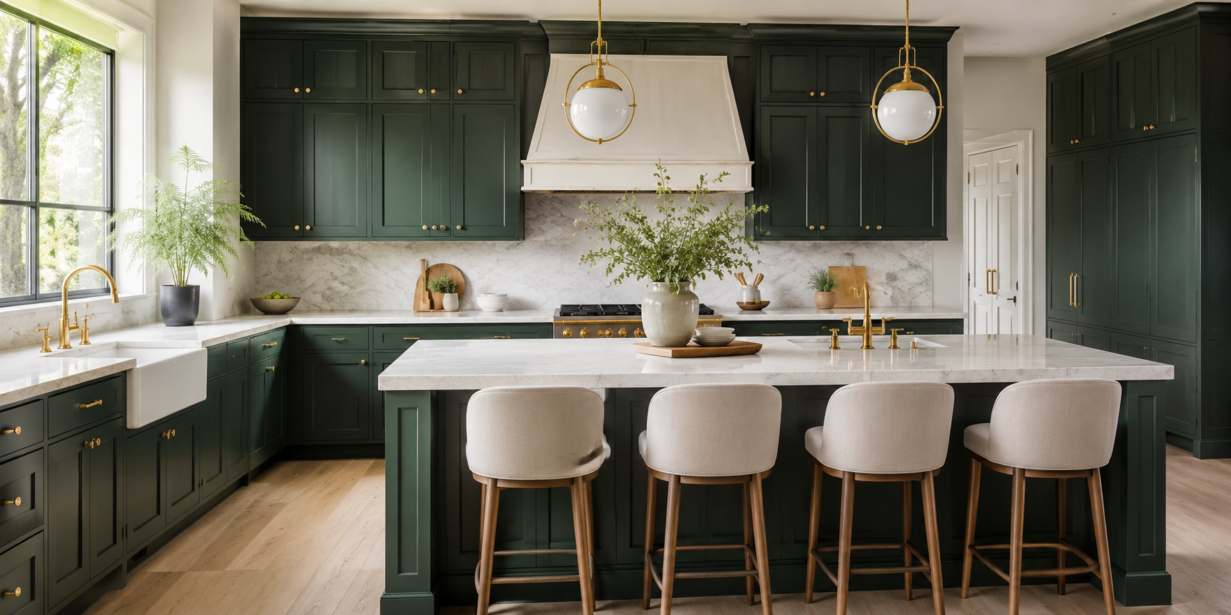 Dark green cabinetry with white marble knobs and brass bases, natural stone countertops, refined modern kitchen.