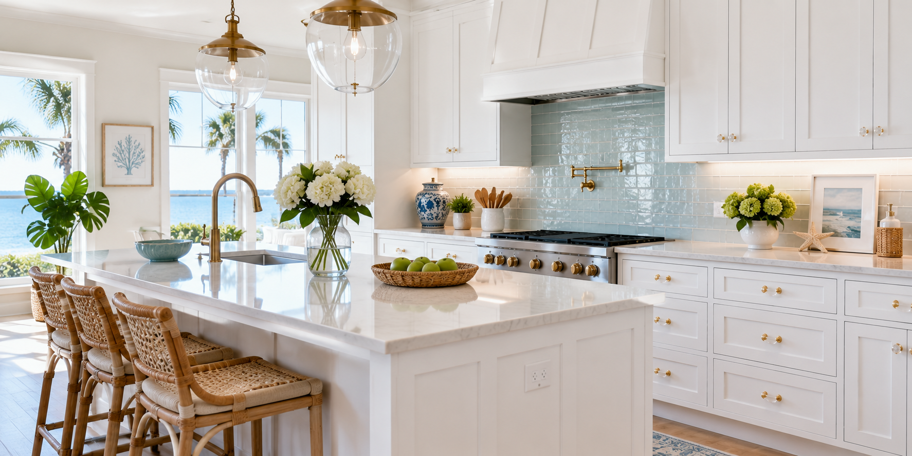 Bright kitchen with white shaker cabinets, acrylic knobs with brass stems, coastal-chic styling.