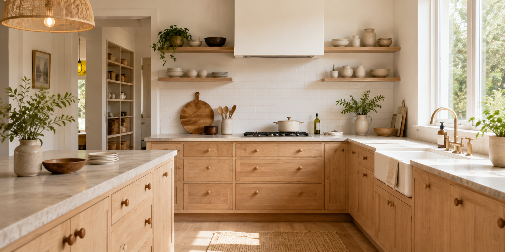 Kitchen with light oak cabinets, rounded natural wood knobs, ceramic sink, and neutral decor palette.