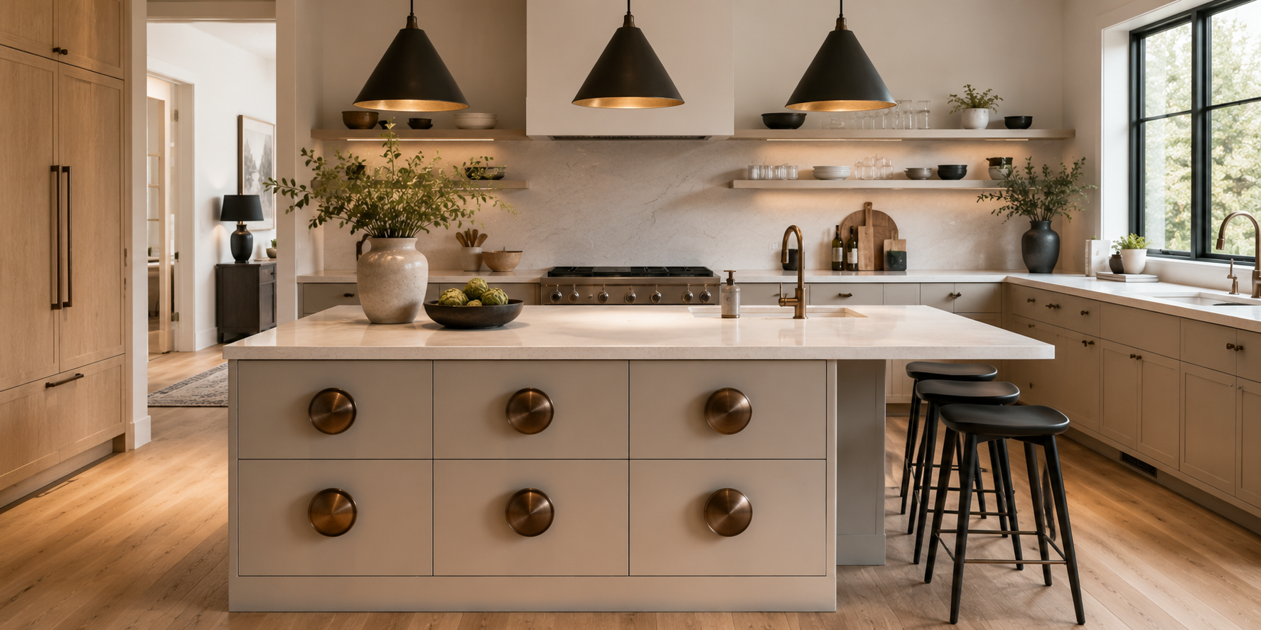 Contemporary kitchen island with oversized bronze knobs, minimalist decor, and architectural lighting.